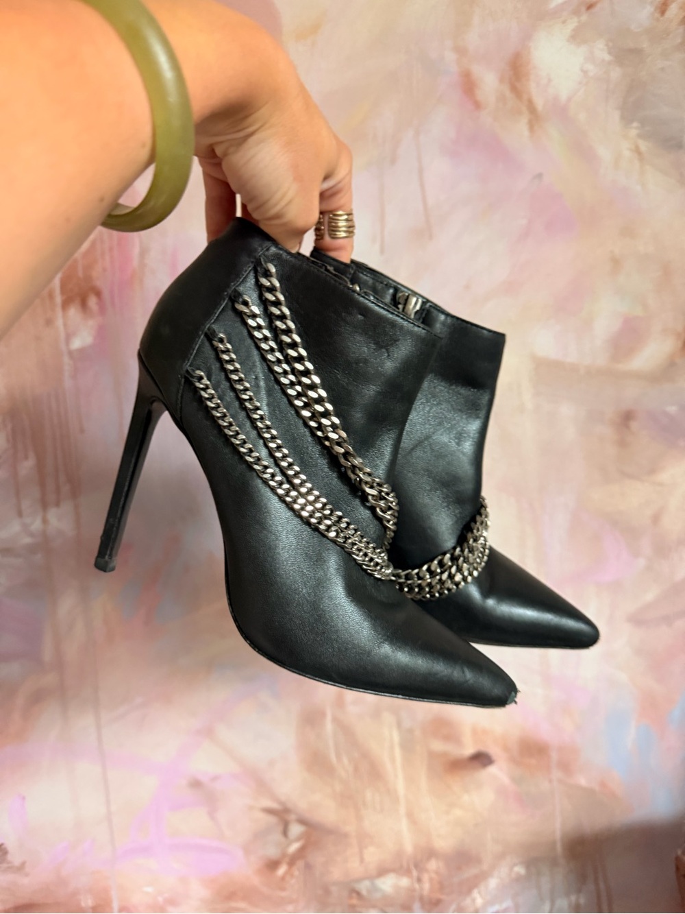 Saint Laurent Black Pointed-Toe Chain-Trim Ankle Boots